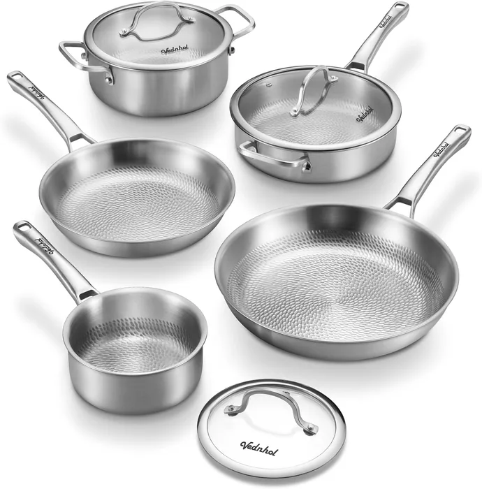 8-piece Titanium Hammered Pro frying pan set, with lids